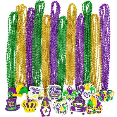 48PCS Mardi Gras Beads Throw, Mardi Gras Beads Necklace with Pendant, 12 Kinds Elements Green Purple Gold Accessories, Bead Necklace Costumes Mardi Gras Celebration Events Parade Throws Party Supplies