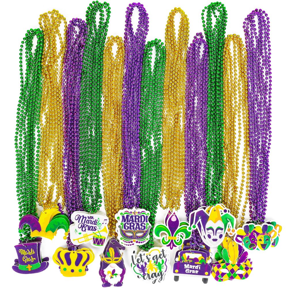48PCS Mardi Gras Beads Throw, Mardi Gras Beads Necklace with Pendant, 12 Kinds Elements Green Purple Gold Accessories, Bead Necklace Costumes Mardi Gras Celebration Events Parade Throws Party Supplies