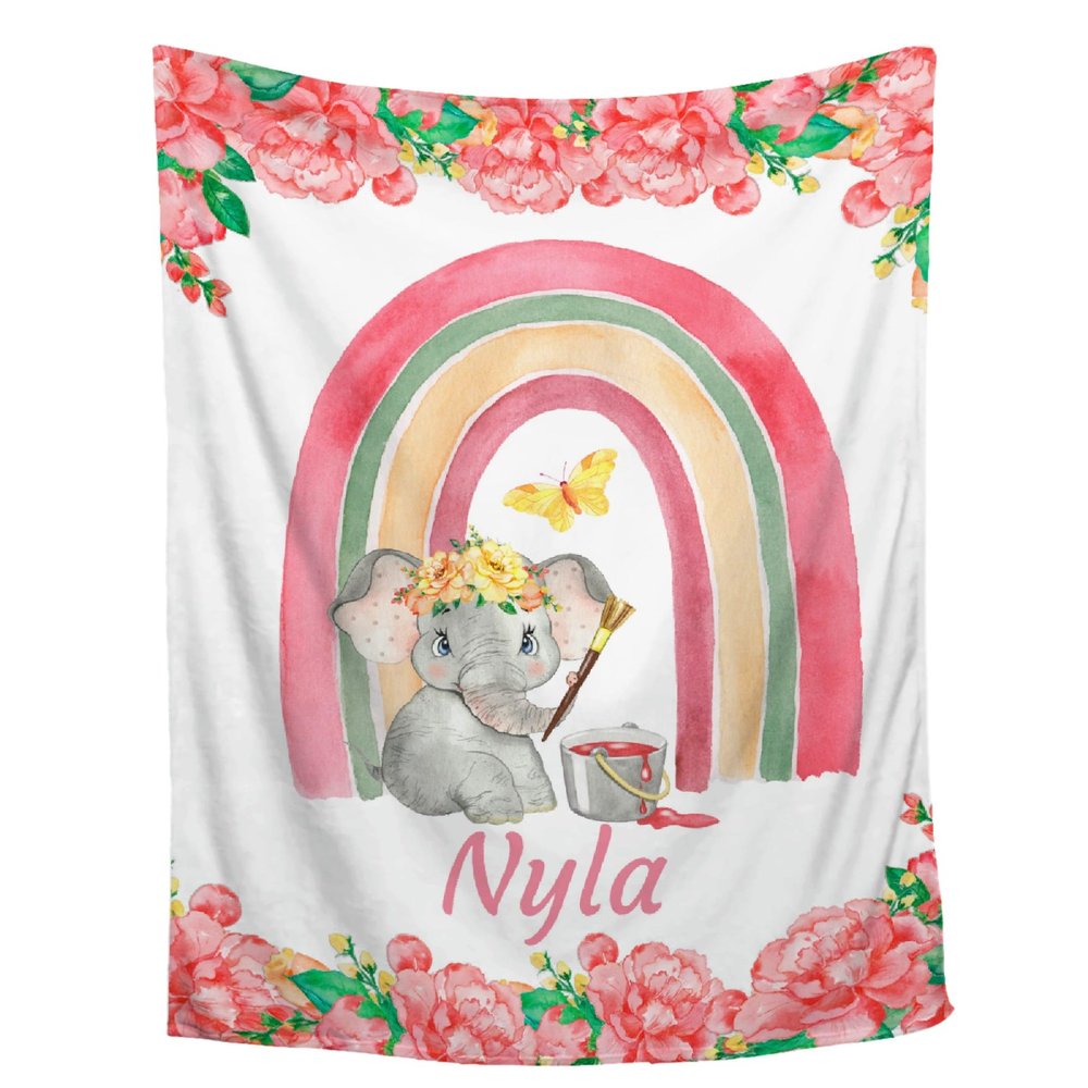 Abhibhu Custom Name Blanket Personalized Custom Baby Throw Blanket Memorial Gifts for Swaddle Toddler Birthday Personalized Elephant Baby Flower