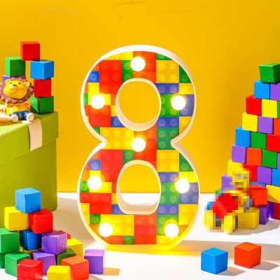 Baquler Building Block Light up Number Birthday Decoration Sign Marquee LED Numbers for Party Lighted Building Block Theme Birthday Party Supplies 8.58''(Number 8)