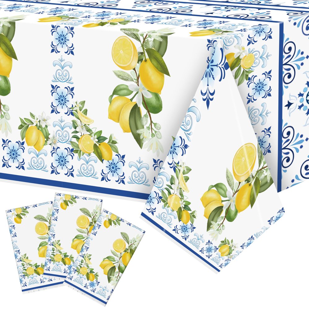 BkeeCten 3-Pack Capri Lemon Table Cover Party Decoration Mediterranean Lemon Pattern Disposable Waterproof Decor Summer Spring Fruit Kid Birthday Dining Picnic Wedding