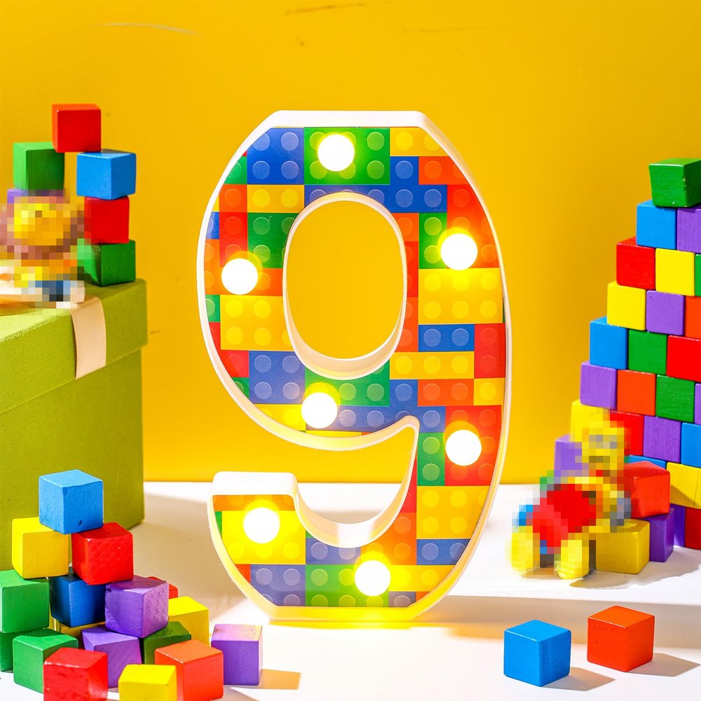 Baquler Building Block Light up Number Birthday Decoration Sign Marquee LED Numbers for Party Lighted Building Block Theme Birthday Party Supplies 8.58''(Number 9)