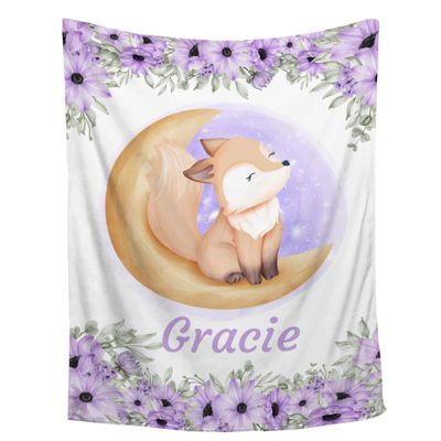 Abhibhu Custom Name Blanket Personalized Custom Baby Throw Blanket Memorial Gifts for Swaddle Toddler Birthday Moon Foxes Baby