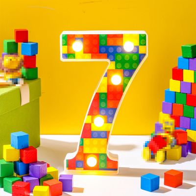 Baquler Building Block Light up Number Birthday Decoration Sign Marquee LED Numbers for Party Lighted Building Block Theme Birthday Party Supplies 8.58''(Number 7)
