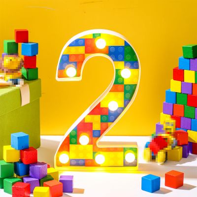 Baquler Building Block Light up Number Birthday Decoration Sign Marquee LED Numbers for Party Lighted Building Block Theme Birthday Party Supplies 8.58''(Number 2)