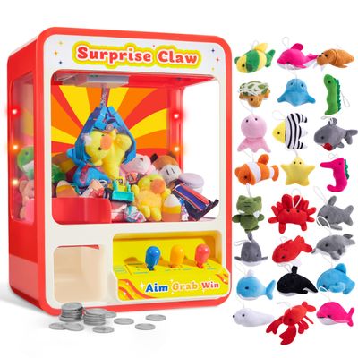 JOYIN Claw Machine Arcade Toy with LED Light & Adjustable Sound, Rechargable Dispenser Toys Mini Vending Machine for Kids, 24 Pcs Mini Sea Animal Plush Toys, 3 Stuffed Sea Animal Bulk