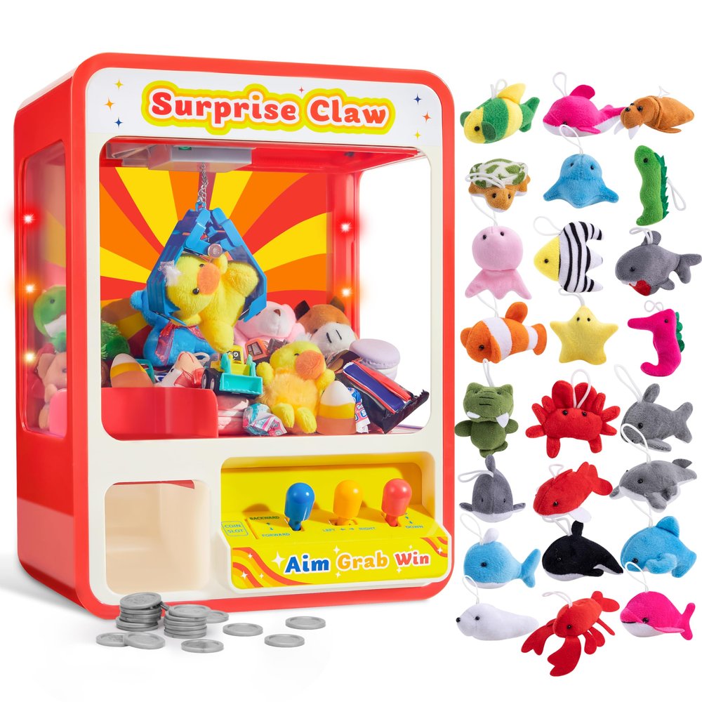 JOYIN Claw Machine Arcade Toy with LED Light & Adjustable Sound, Rechargable Dispenser Toys Mini Vending Machine for Kids, 24 Pcs Mini Sea Animal Plush Toys, 3 Stuffed Sea Animal Bulk