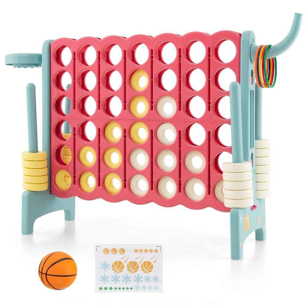 Costzon Giant 4-in-A-Row, Jumbo 4-to-Score Giant Game w/Basketball Hoop, Ring Toss, Quick-Release Slider, 42 Jumbo Rings, Indoor Outdoor Family Connect Game for Kids & Adults, Backyard Games