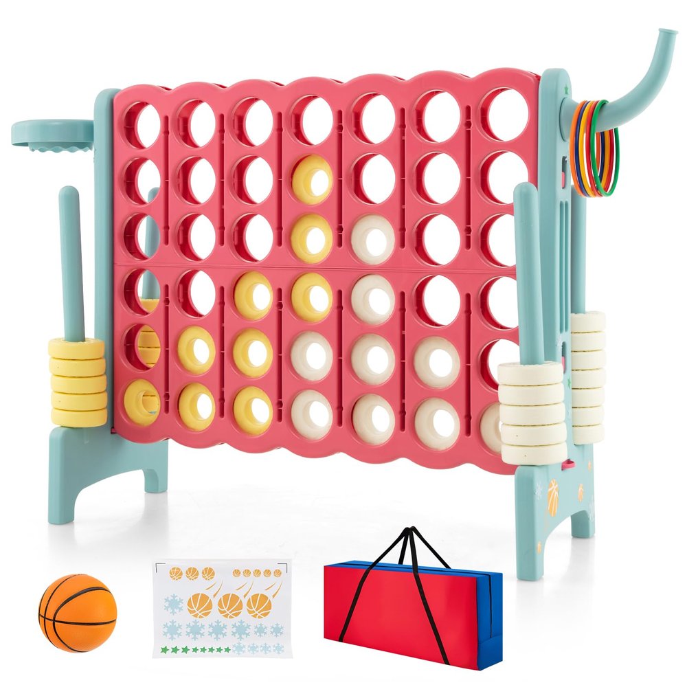 Costzon Giant 4-in-A-Row, Jumbo 4-to-Score Giant Game w/Carrying Bag, Basketball Hoop, 42 Jumbo Rings, Quick-Release Slider, Indoor Outdoor Family Connect Game for Kids & Adults, Backyard Games