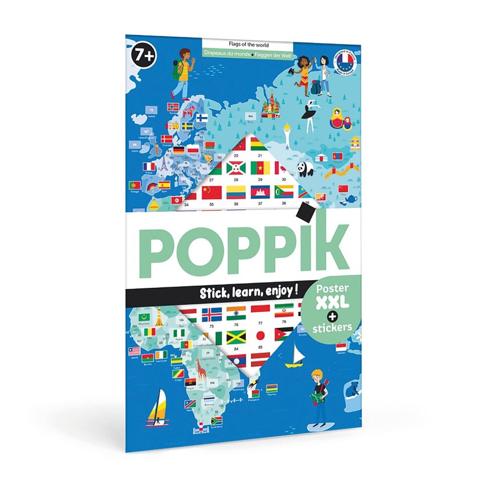 POPPIK 1841223 Sticker Poster, Flags of The World, Interactive Educational Poster with Stickers, Multilingual World Map, for Children Aged 7 Years and Above, 68 x 100 cm