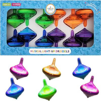 The Dreidel Company Hanukkah Musical Light-Up Dreidel Spinning Tops Set, Plays 2 Classic Hanukkah Songs, Assorted Colors (Pack of 120)