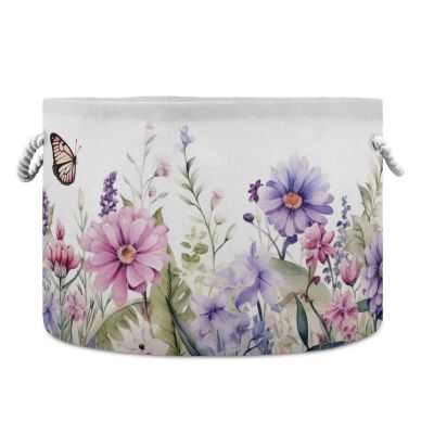 Flradish Wild Flowers Cotton Rope Baske,20" X 20" X 14" Woven Baby Soft Waterproof Laundry Baskets with Handles,Toy Basket for Storage,Living Room,Toy,Blankets,Clothes
