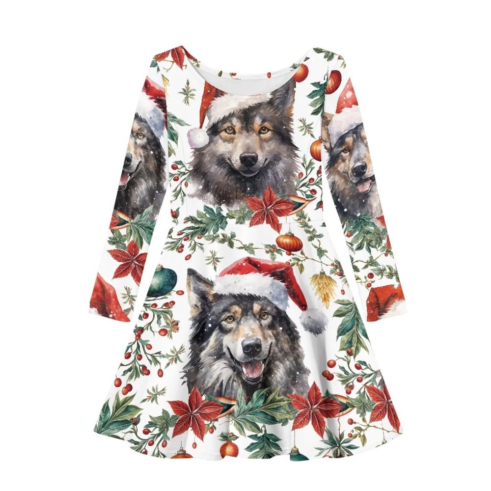 PinUp Angel Cute Christmas Wolf Print Girls Comfortable Long Sleeve Casual Cute Patterned Dresses for Fall Winter Spring Party Gifts for Happy New Year Christmas Costume Party