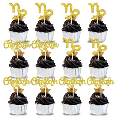 12Pcs Capricorn Cupcake Topper, Big Capricorn Energy/Capricorn Season, 12 Constellation November/January Birthday Cupcake Decoration, Horoscope Astrology Birthday Party Supplies, Gold Glitter