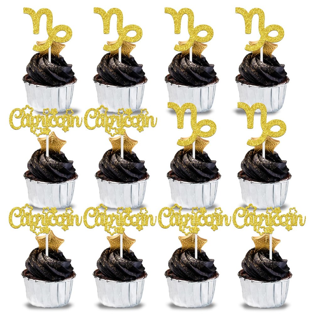 12Pcs Capricorn Cupcake Topper, Big Capricorn Energy/Capricorn Season, 12 Constellation November/January Birthday Cupcake Decoration, Horoscope Astrology Birthday Party Supplies, Gold Glitter