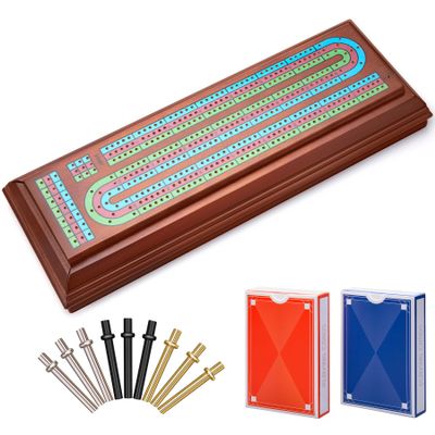 ELONGDI Wooden Cribbage Board Game Set with Large Storage Area,9 Metal Pegs & 2 Playing Cards Continuous Solid Wood 3 Track Board Travel Portable Cards Games for Adults Family