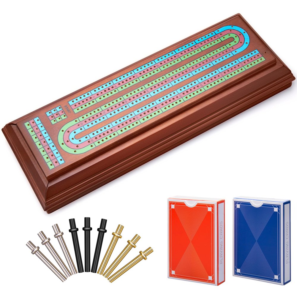 ELONGDI Wooden Cribbage Board Game Set with Large Storage Area,9 Metal Pegs & 2 Playing Cards Continuous Solid Wood 3 Track Board Travel Portable Cards Games for Adults Family