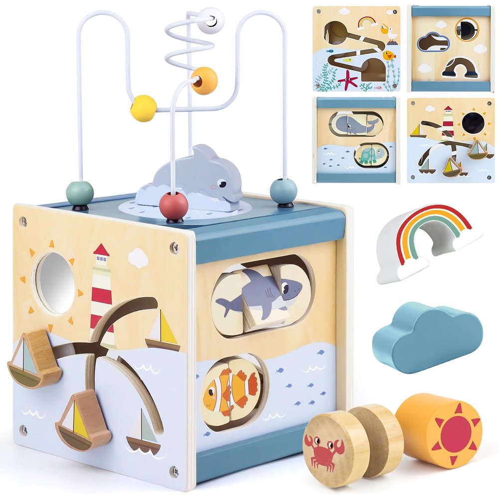 Airlab Wooden Activity Cube Montessori Toys for 1 Year Old Toddlers 12 Months + Toddler Learning Toys 1-3 Boys Girls Baby Sensory Interactive Birthday Gift