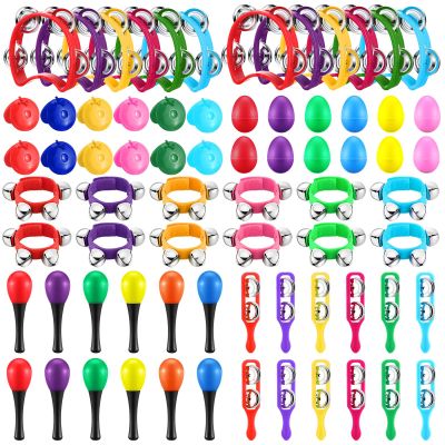 Silipull 72 Pcs Shaker Musical Instruments for Kids Egg Shaker Wrist Hand Band Bells Maracas Percussion Tambourine Cymbals Plastic Castanets for Preschool Early Music Learning Toy