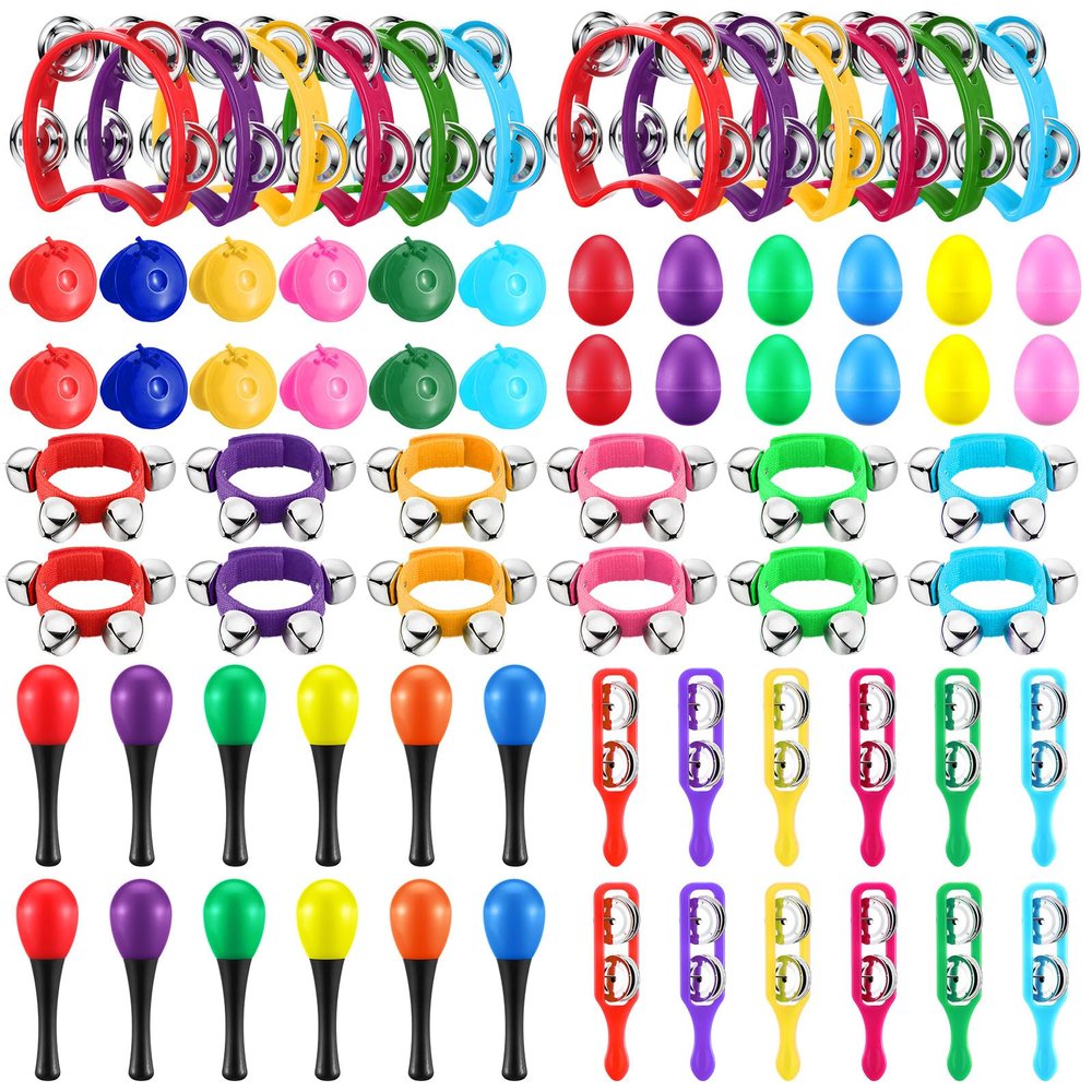Silipull 72 Pcs Shaker Musical Instruments for Kids Egg Shaker Wrist Hand Band Bells Maracas Percussion Tambourine Cymbals Plastic Castanets for Preschool Early Music Learning Toy
