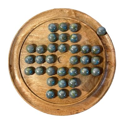 30cm Diameter MANGO WOOD SOLITAIRE BOARD GAME with THUNDERBOLT GLASS MARBLES | |classic wooden solitaire game | strategy board game