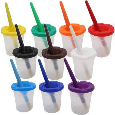 10Pcs Paint Brushes and 10Pcs Paint Pot with Lids Kids Children School Equipment Plastic Non-Spilled Water Cup Mixing Paint Pot and Stopper Lid for Kids Art Painting