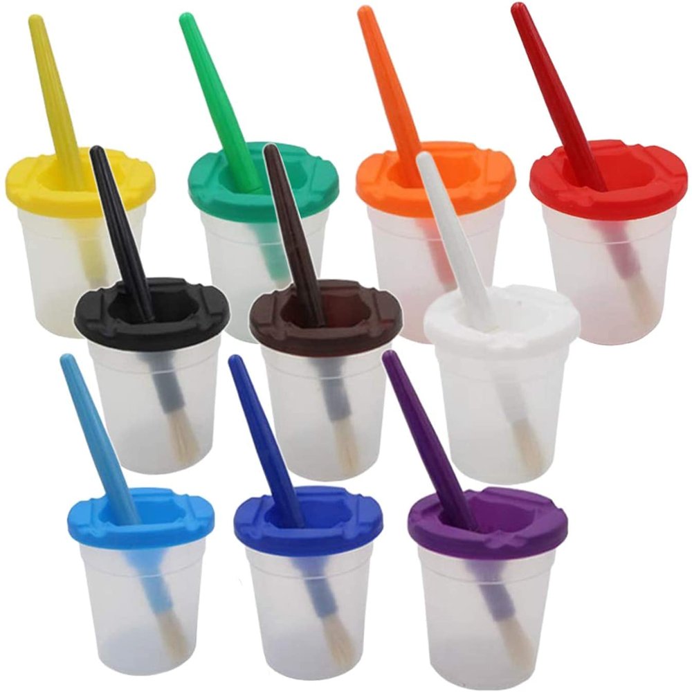 10Pcs Paint Brushes and 10Pcs Paint Pot with Lids Kids Children School Equipment Plastic Non-Spilled Water Cup Mixing Paint Pot and Stopper Lid for Kids Art Painting