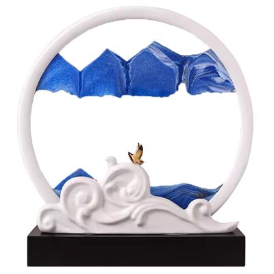 3D Sand Painting Desk Art Deep Sea Sandscape Ceramic Base Living Room Decoration, 360 Rotate Glass Liquid Painting Artistic Sandscape (Color : Blue)