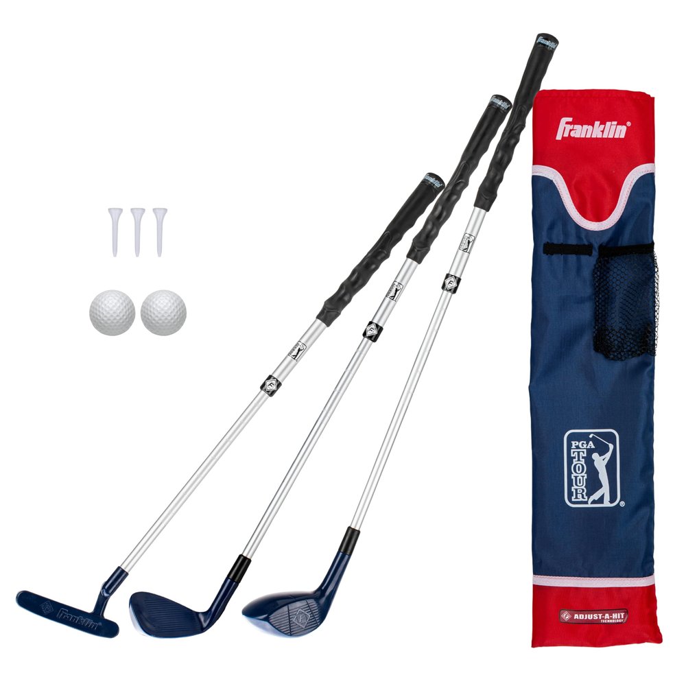Franklin Sports PGA TOUR Kids' Plastic Golf Clubs Set - Youth Toy Plastic Clubs + Bag - Kids' Plastic Golf Set with Bag + Balls - Adjustable Length for Boys + Girls - Red + Blue