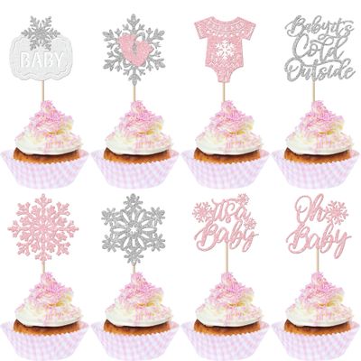 24 Pack Baby Snowflake Cupcake Toppers - Glitter It's a Baby Shower Feet Winter Frozen Kids Birthday Cupcake Decorations Party Supplies Pink
