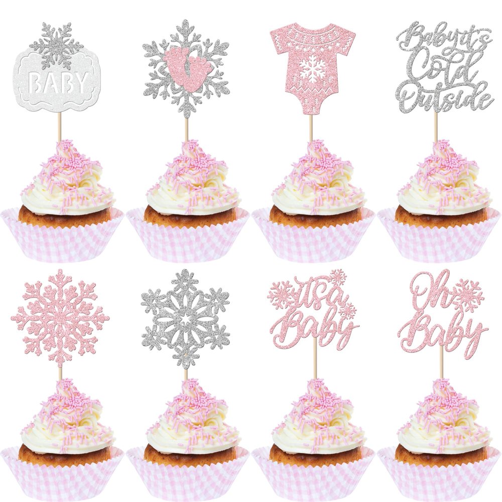 24 Pack Baby Snowflake Cupcake Toppers - Glitter It's a Baby Shower Feet Winter Frozen Kids Birthday Cupcake Decorations Party Supplies Pink