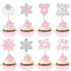 24 Pack Baby Snowflake Cupcake Toppers - Glitter It's a Baby Shower Feet Winter Frozen Kids Birthday Cupcake Decorations Party Supplies Pink view 1
