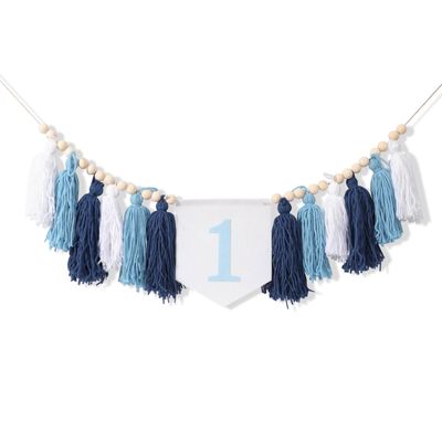 1st Birthday High Chair Banner - Blue Tassel Theme Banner For Boy - First Birthday Party Banner - Blue Fringe Wood Bead High Chair Wreath - Wall Hangings Decorative for Kids Bedroom Nursery Party Holiday Classroom Decoration (blue)
