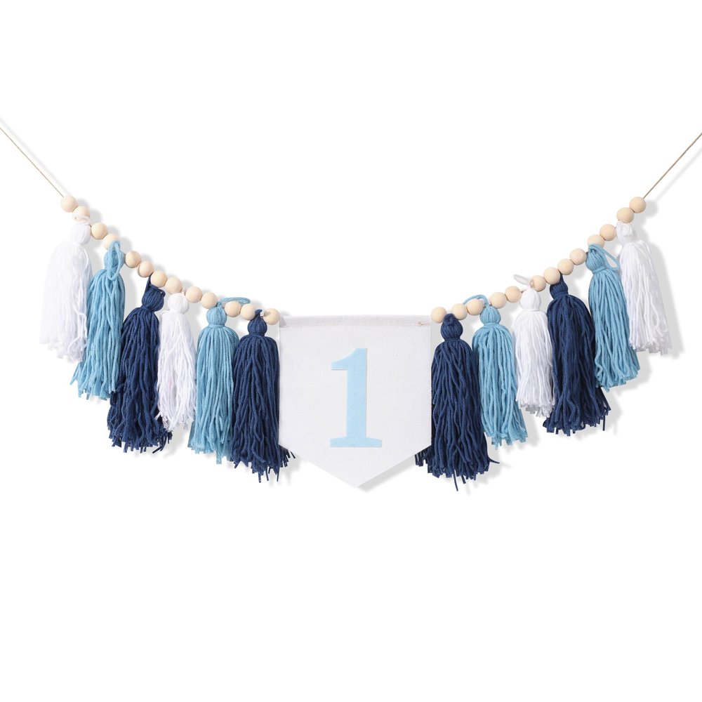 1st Birthday High Chair Banner - Blue Tassel Theme Banner For Boy - First Birthday Party Banner - Blue Fringe Wood Bead High Chair Wreath - Wall Hangings Decorative for Kids Bedroom Nursery Party Holiday Classroom Decoration (blue)