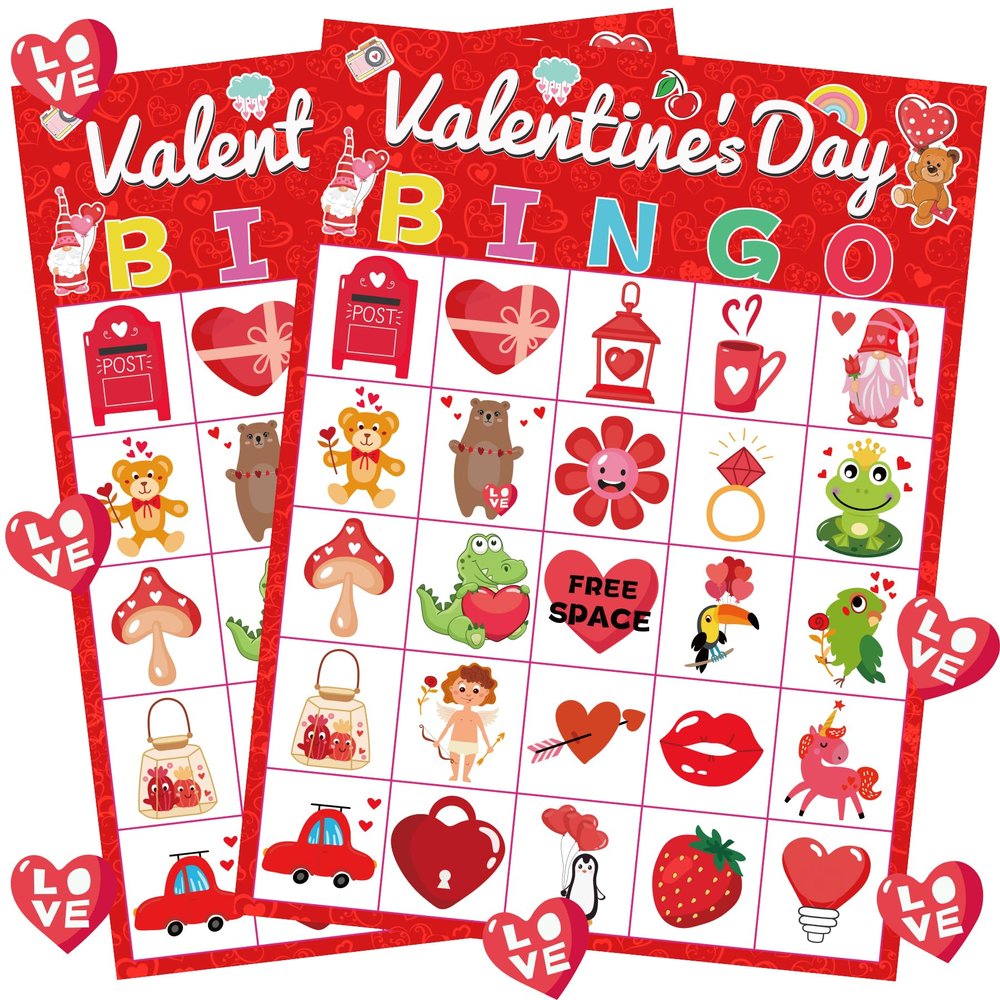 WEIEN Valentine's Day Bingo for Kids, Adults, 24 Players for Family/School Classroom Large Group, Party, Treats, School Classroom Group Games, Family Activity, Valentines Party Favors Supplies