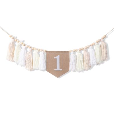 1st Birthday High Chair Banner - White Tassel Theme Banner For Girl - First Birthday Party Banner - White Fringe Wood Bead High Chair Wreath- Wall Hangings Decorative for Kids Bedroom Nursery Party Holiday Classroom Decoration (white)