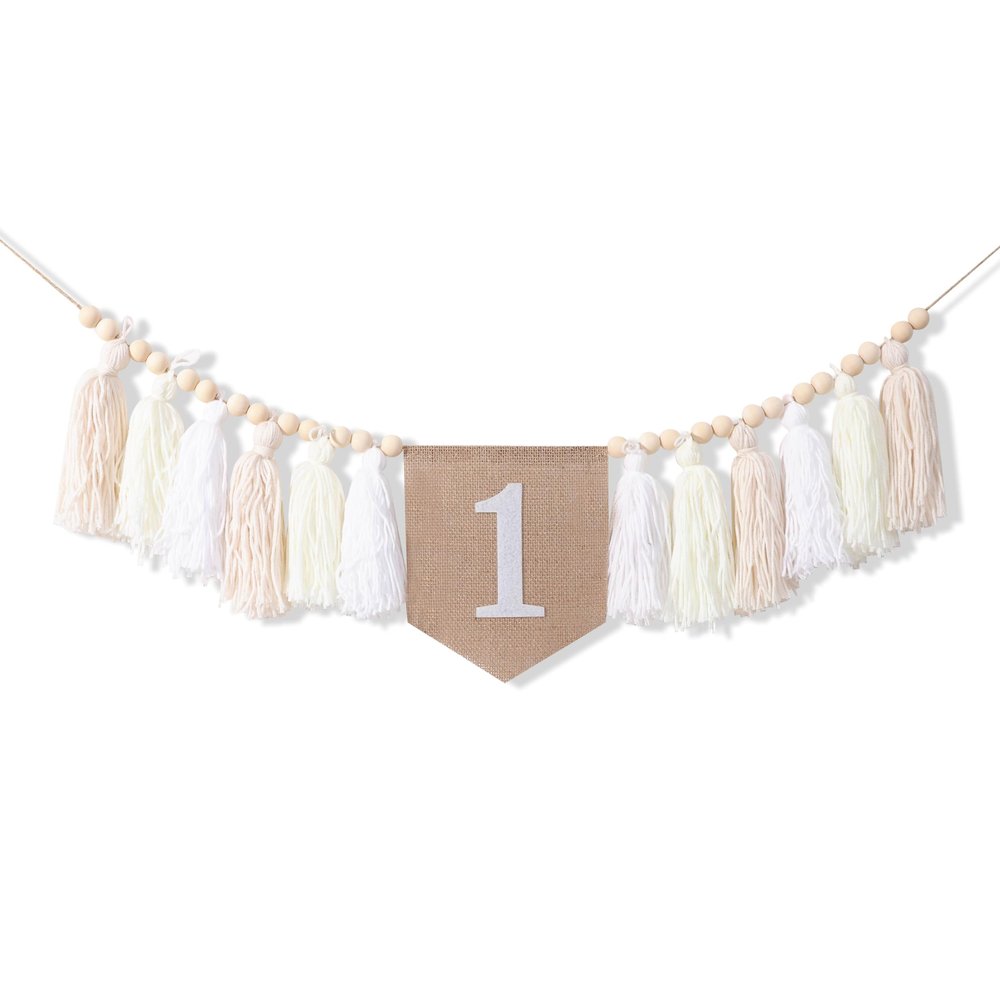 1st Birthday High Chair Banner - White Tassel Theme Banner For Girl - First Birthday Party Banner - White Fringe Wood Bead High Chair Wreath- Wall Hangings Decorative for Kids Bedroom Nursery Party Holiday Classroom Decoration (white)