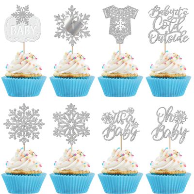 24 Pack Baby Snowflake Cupcake Toppers - Glitter It's a Baby Shower Feet Winter Frozen Kids Birthday Cupcake Decorations Party Supplies Silver