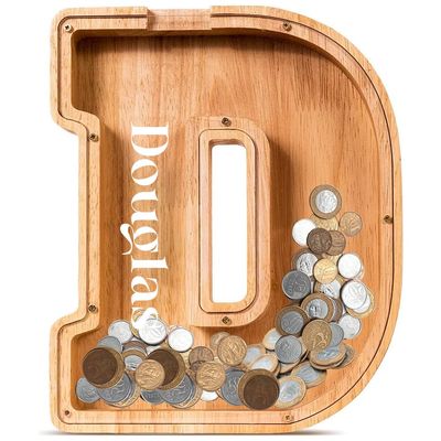 Personalized Wooden Kids Letter Piggy Bank|Custom Name|Creative Piggy Bank for Boys and Girls |Adult Alphabet|Christmas|Birthday|Decoration|Back-to-School Baptism Gift (D)