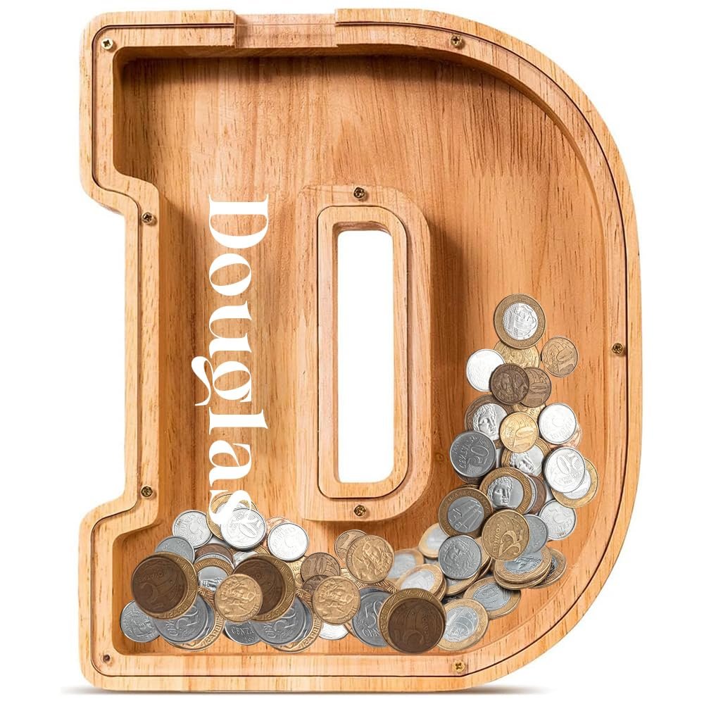 Personalized Wooden Kids Letter Piggy Bank|Custom Name|Creative Piggy Bank for Boys and Girls |Adult Alphabet|Christmas|Birthday|Decoration|Back-to-School Baptism Gift (D)