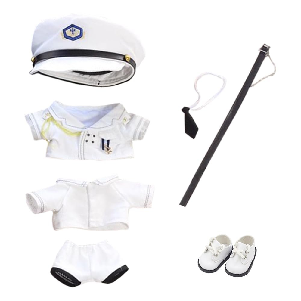 niannyyhouse 20cm Doll Clothes Hat Coat Shirt Pants Tie Belt Shoes Black and White Uniform Sets 8in Plush Doll Accessories (White)