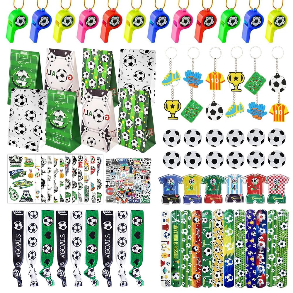 XIPEGPA 146 PCS Soccer Party Favors Soccer Birthday Party Supplies with Soccer Themed Bags Erasers Whistle Stickers Slap Bracelets Keychains for Football Sport Party Favors Goodie Bags Decorations