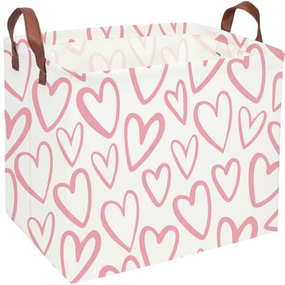 Essme Rectangular Pink Baskets Girls Storage Box,Cute Heart Storage Bins Organizer with Handles for Girls Room Decor,Easter Basket,Shelf Basket,Toy Organizer(Pink Love)