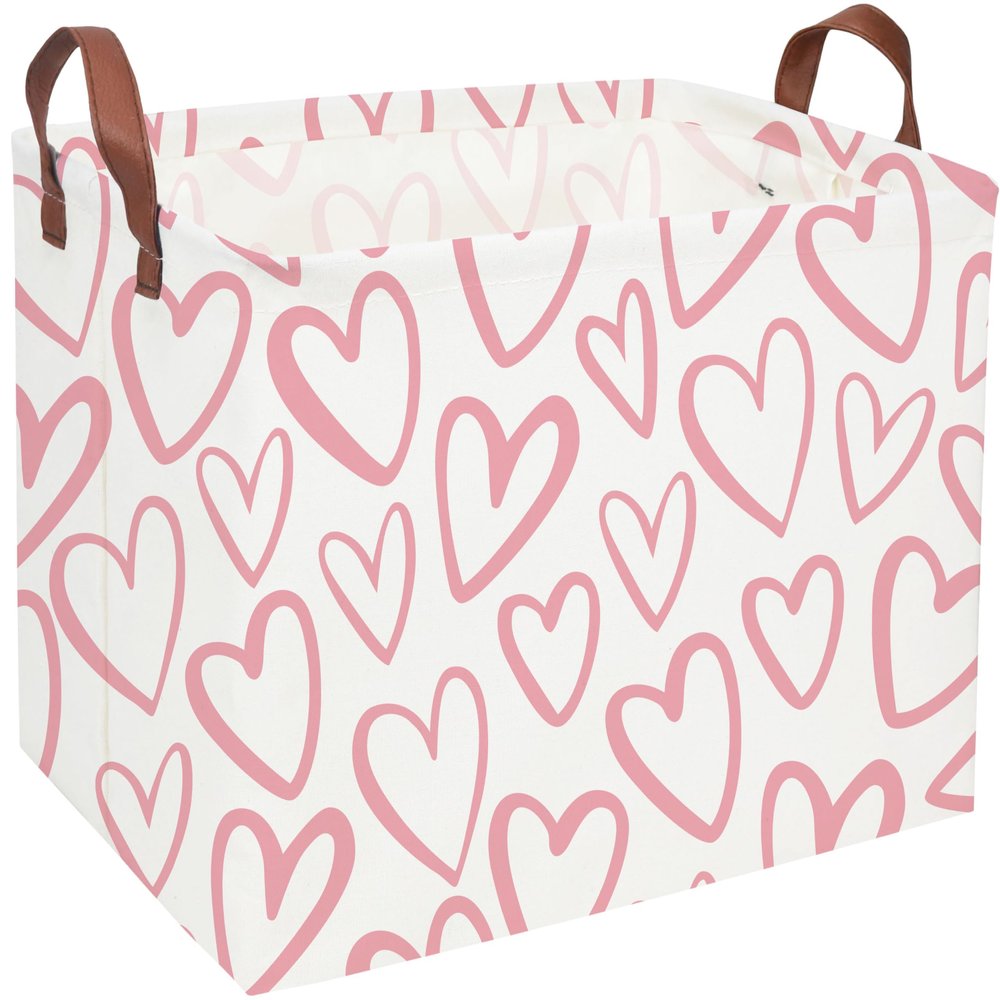 Essme Rectangular Pink Baskets Girls Storage Box,Cute Heart Storage Bins Organizer with Handles for Girls Room Decor,Easter Basket,Shelf Basket,Toy Organizer(Pink Love)