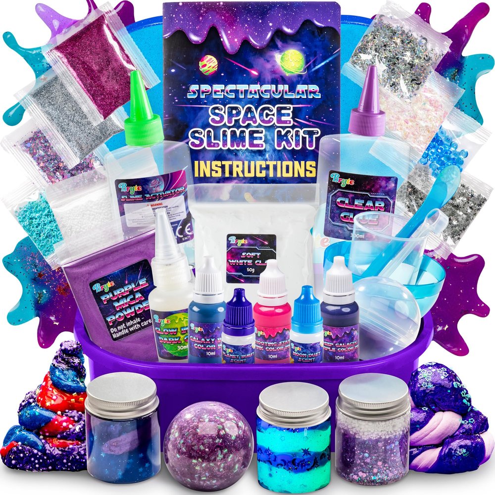 Bryte Slime Kit - Multicolor, Ages 8-12 - DIY Kit with Space Theme, Glow Dark, Cosmic Glitter Texture Add-Ins