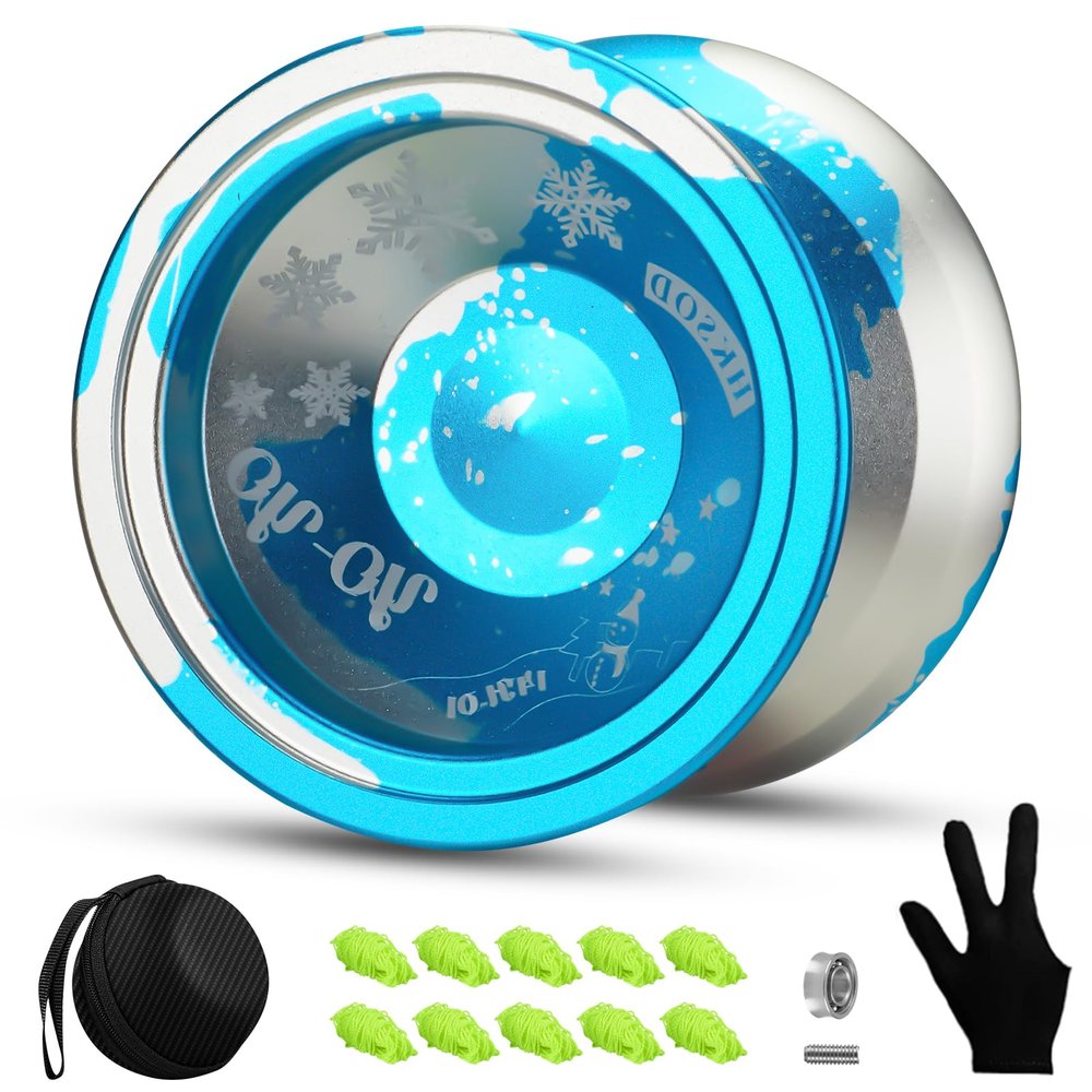 Hksod Yoyos Dual Purpose Yoyo Professional, Responsive YoYo for Beginners, with Extra Unresponsive yo yo Bearing, Metal yoyos Glove, Bag + 10 Yo-Yo Strings (Blue Silver)