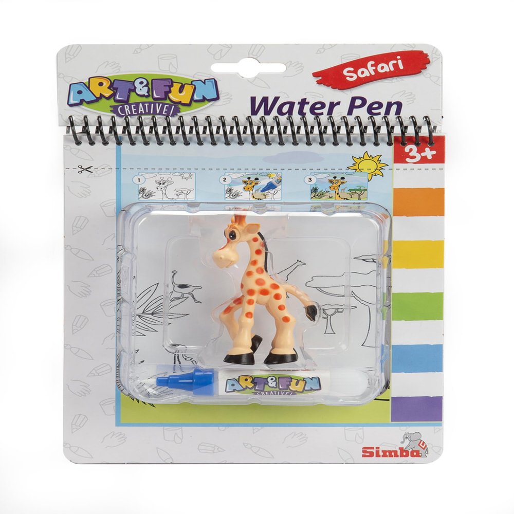 Art and Fun Water Pen Safari Colouring Book, Giraffe 9 cm, Water Brush, 4 Magic Pages, Each 17 x 19 cm, from 3 Years