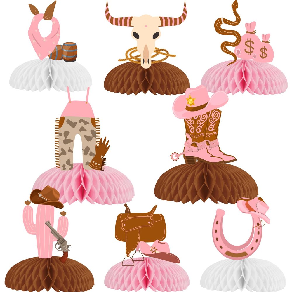 8 Pieces Cowgirl Honeycomb Centerpieces, Pink Wild West Hats Scarf Boots Horseshoes Table Toppers, First Rodeo Western Theme Baby Shower Birthday Bachelorette Party Decorations Supplies