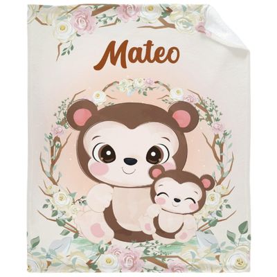 Cute Monkey Mommy and Baby Custom Blanket, Blankets Personalized, Custom Blanket with Name, Gifts for Her, Throw Blanket Gift for Infant (40"X30") XSmall Size for Toddler