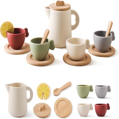 Enchanting Wooden Tea Party Set - Silicone Teapot, Cups & Carrying Scoop - Perfect for Little Girls' Tea Party & Kitchen Play - Toddler Gift